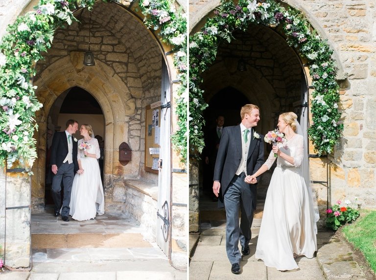 bride and groom walking out of church